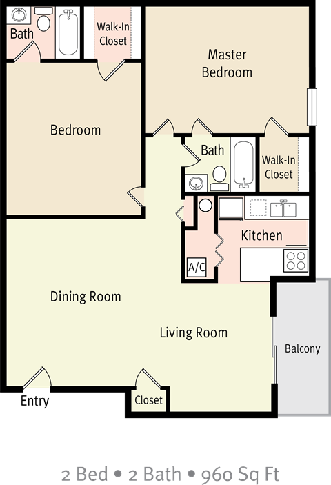 Floor plan for 2 beds, 2 baths, 960 sqft